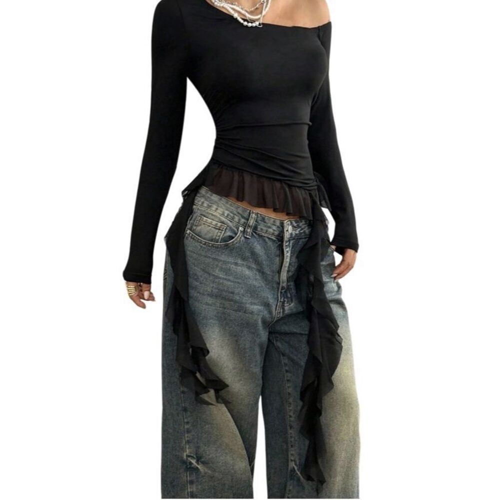 Soly Hux Black Sheer Ruffle Top Off Shoulder Y2K Mesh Size M